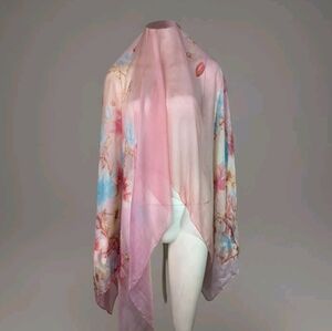 Silk Scarf Large Pink Floral Lotus Flowers Sheer Wrap Sheer Spring Summer